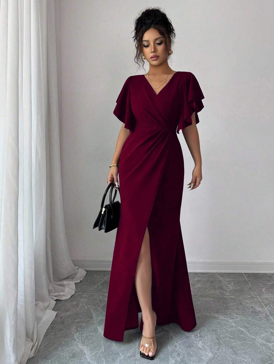 SHEIN Elenzga فستان عنابي بياقة واكمام مكشكشة