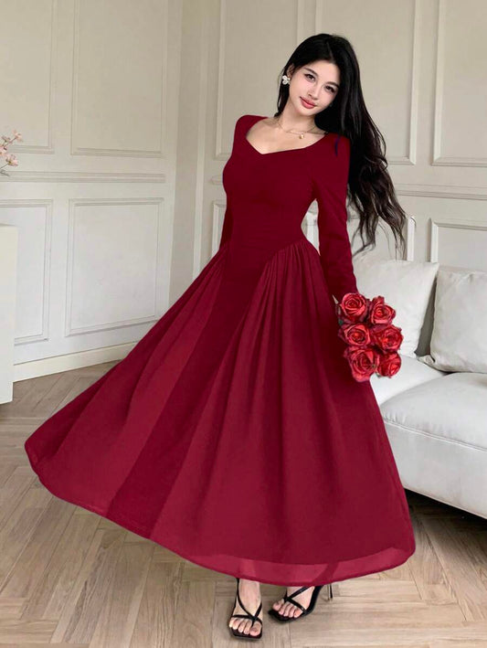 SHEIN Modelyn فستان باللون العنابي  بخصر مطوي