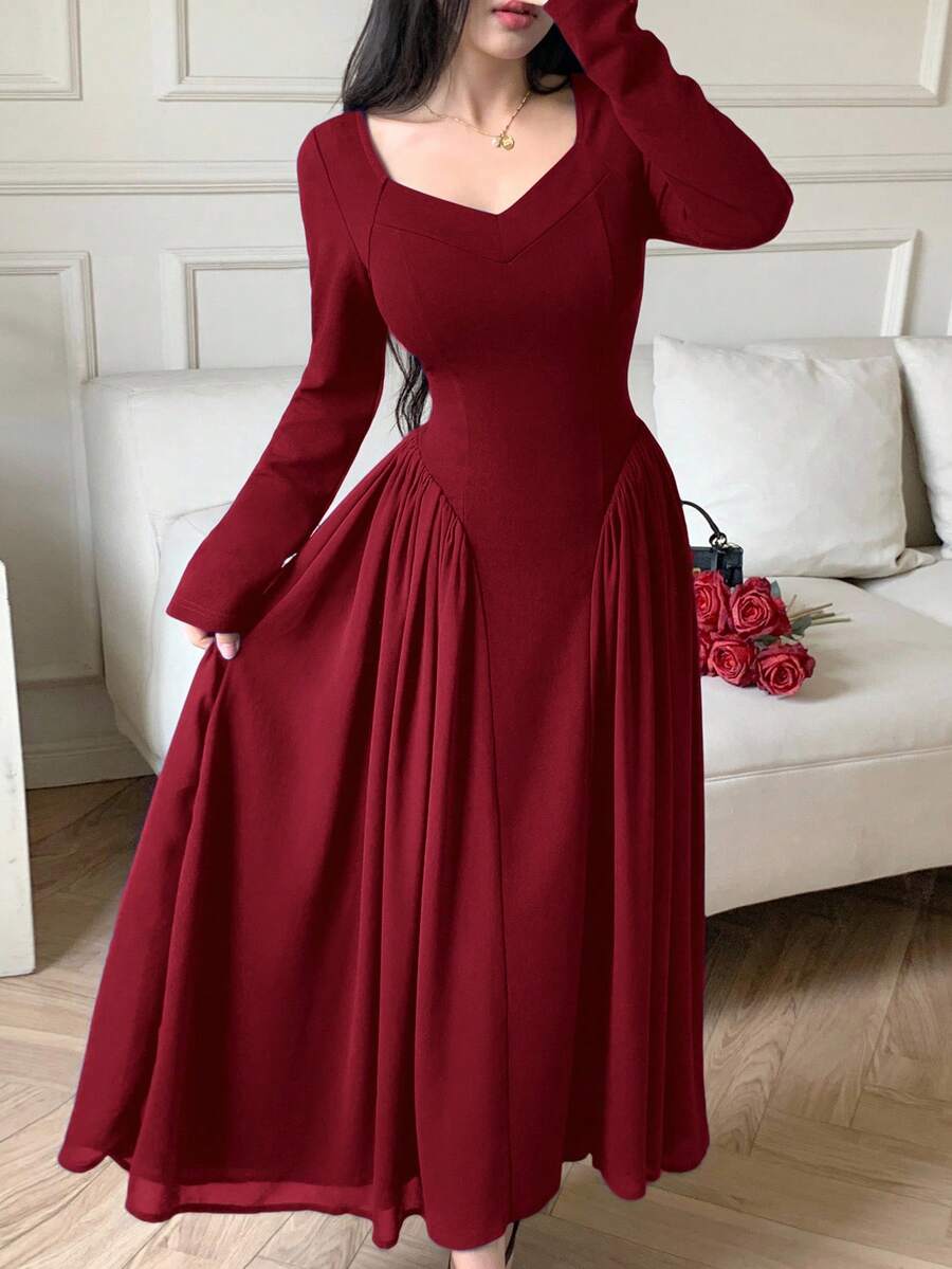SHEIN Modelyn فستان باللون العنابي  بخصر مطوي