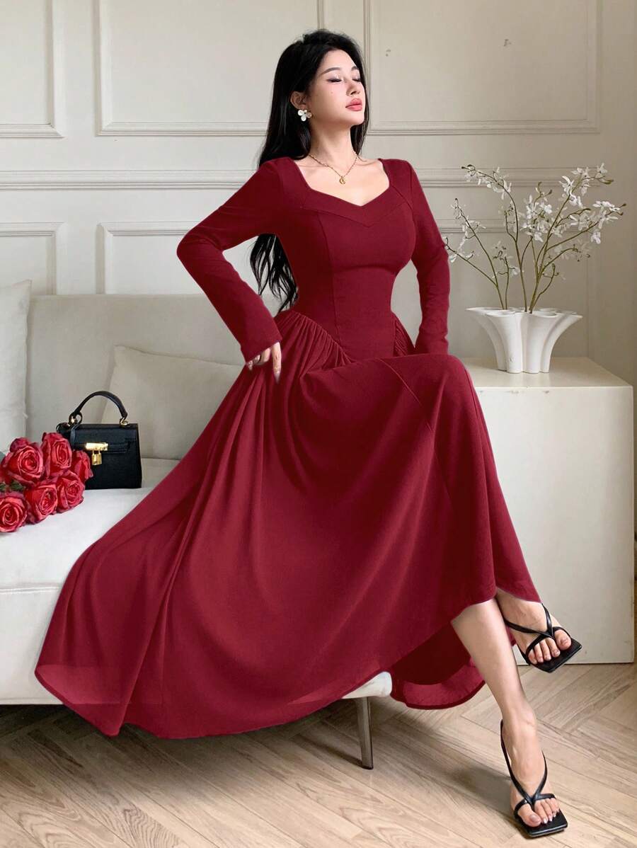 SHEIN Modelyn فستان باللون العنابي  بخصر مطوي