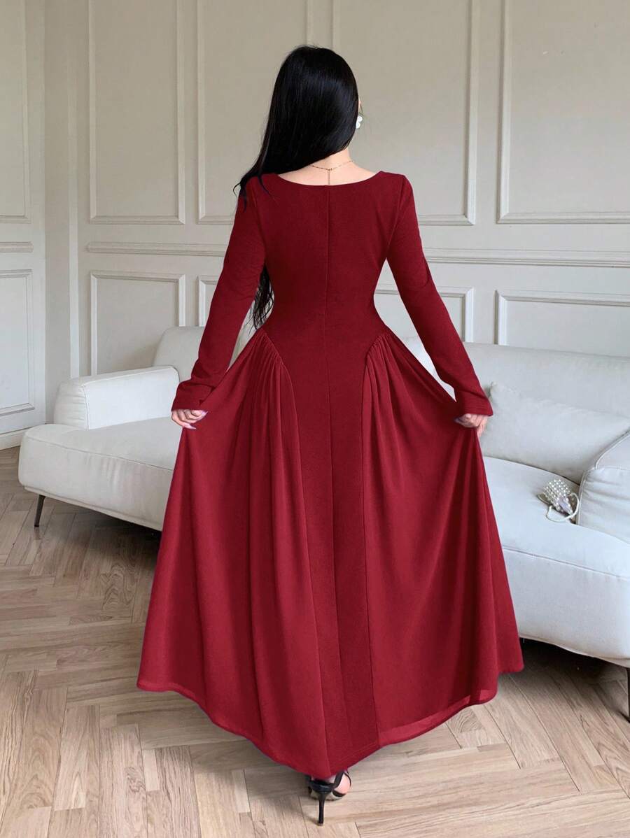 SHEIN Modelyn فستان باللون العنابي  بخصر مطوي