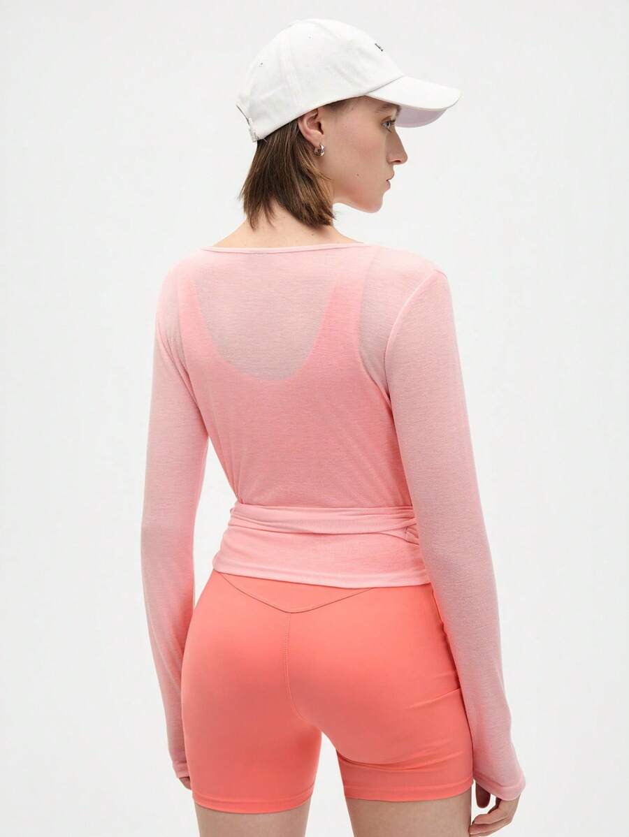 SHEIN Eassivo قميص رياضي كاجوال مربوط بأكمام طويلة بنسيج شفاف