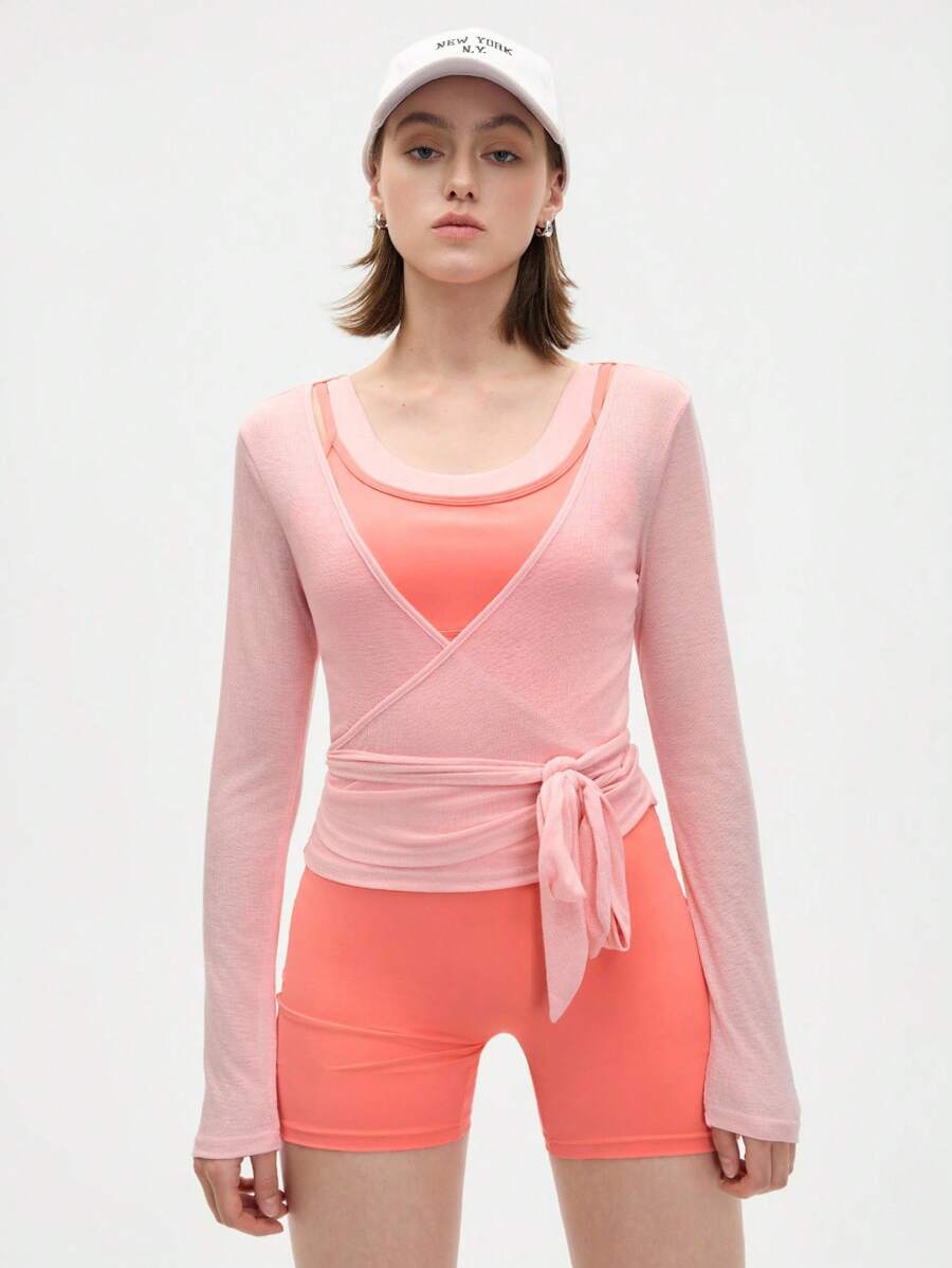 SHEIN Eassivo قميص رياضي كاجوال مربوط بأكمام طويلة بنسيج شفاف