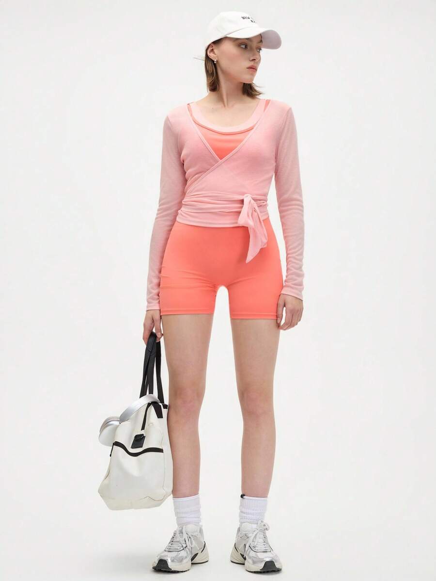 SHEIN Eassivo قميص رياضي كاجوال مربوط بأكمام طويلة بنسيج شفاف