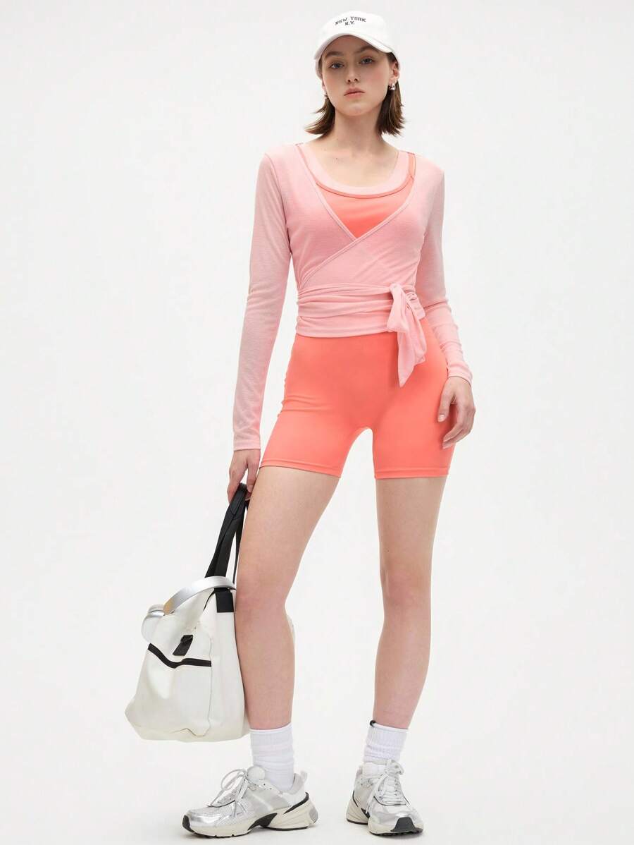 SHEIN Eassivo قميص رياضي كاجوال مربوط بأكمام طويلة بنسيج شفاف