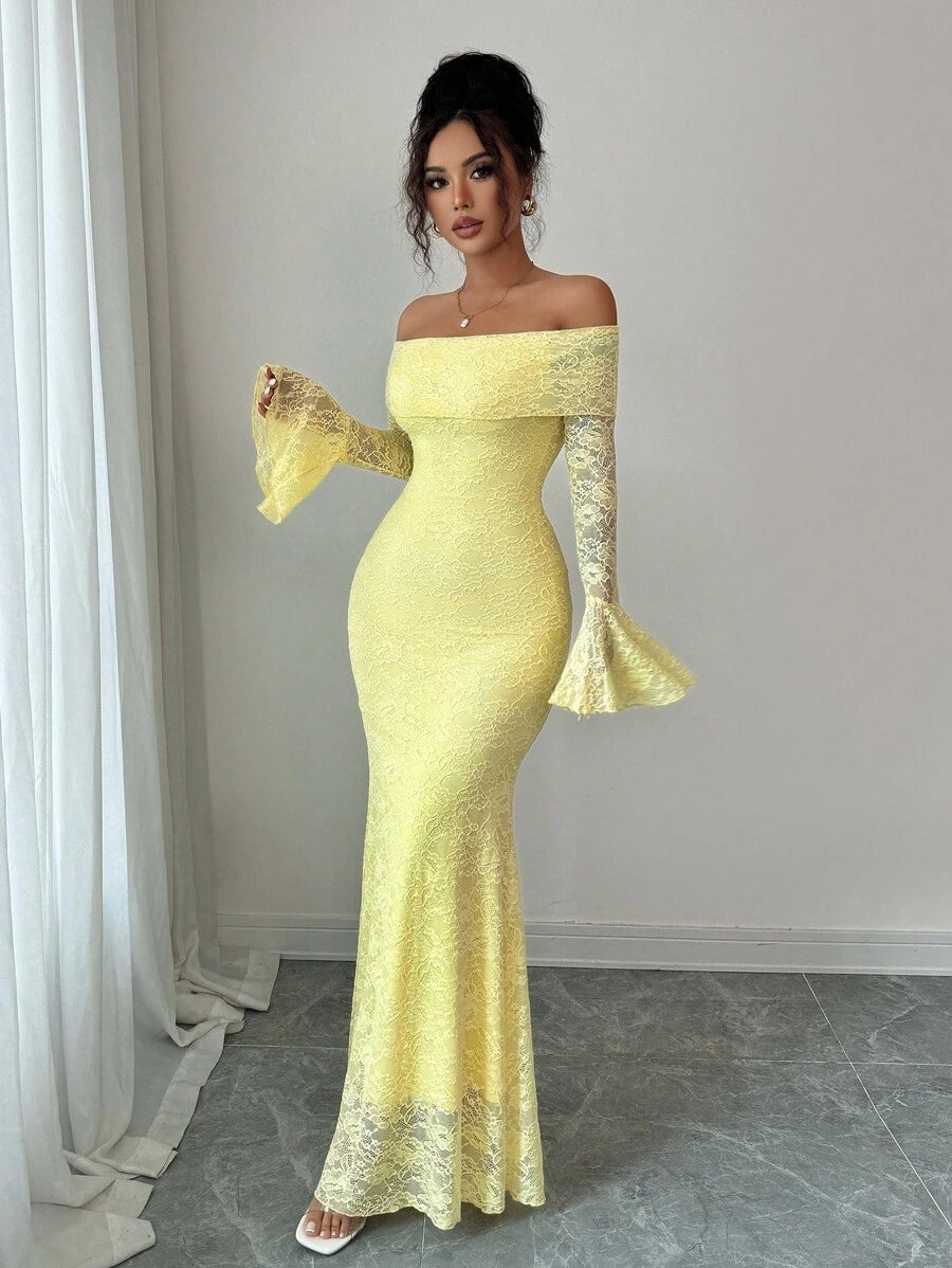 SHEIN Selianne فستان بلون أصفر بقصة منحنية وأكمام منسدلة