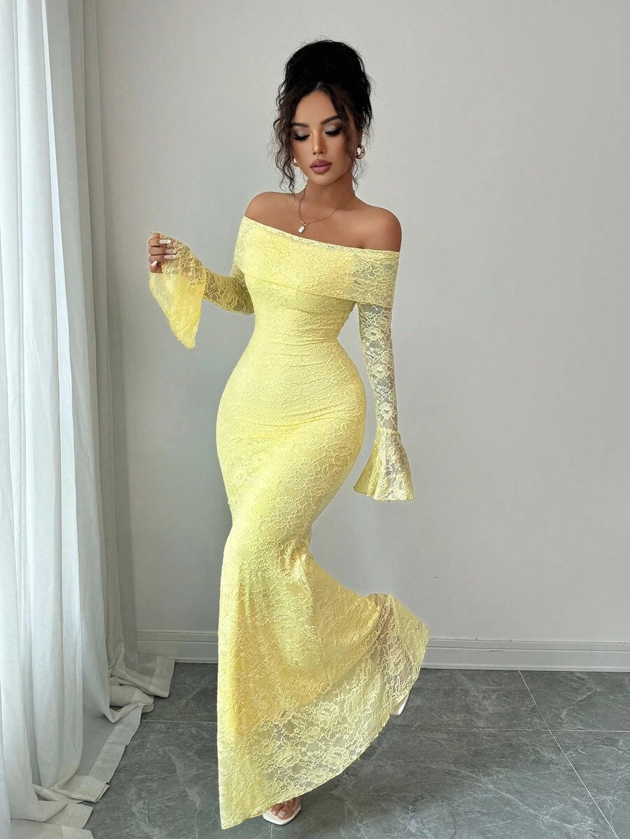 SHEIN Selianne فستان بلون أصفر بقصة منحنية وأكمام منسدلة
