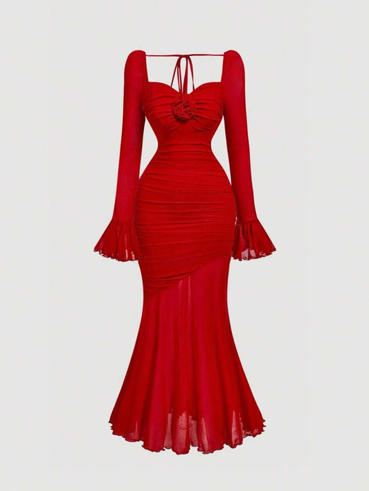 SHEIN MOD فستان أحمر بذيل جرس وأكمام طويلة