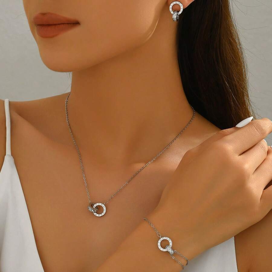 SHEIN مجموعة مجوهرات فولاذية مزينة بالراين والأرقام الرومانية