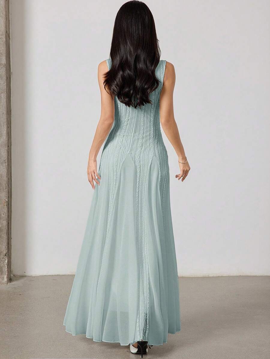 SHEIN Heiryn فستان أخضر أنيق بياقة طاقم بدون أكمام من نسيج جاكار