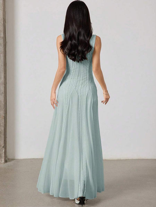 SHEIN Heiryn فستان أخضر أنيق بياقة طاقم بدون أكمام من نسيج جاكار