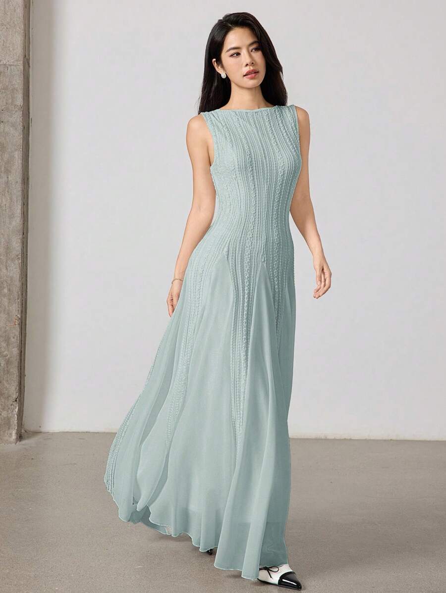 SHEIN Heiryn فستان أخضر أنيق بياقة طاقم بدون أكمام من نسيج جاكار