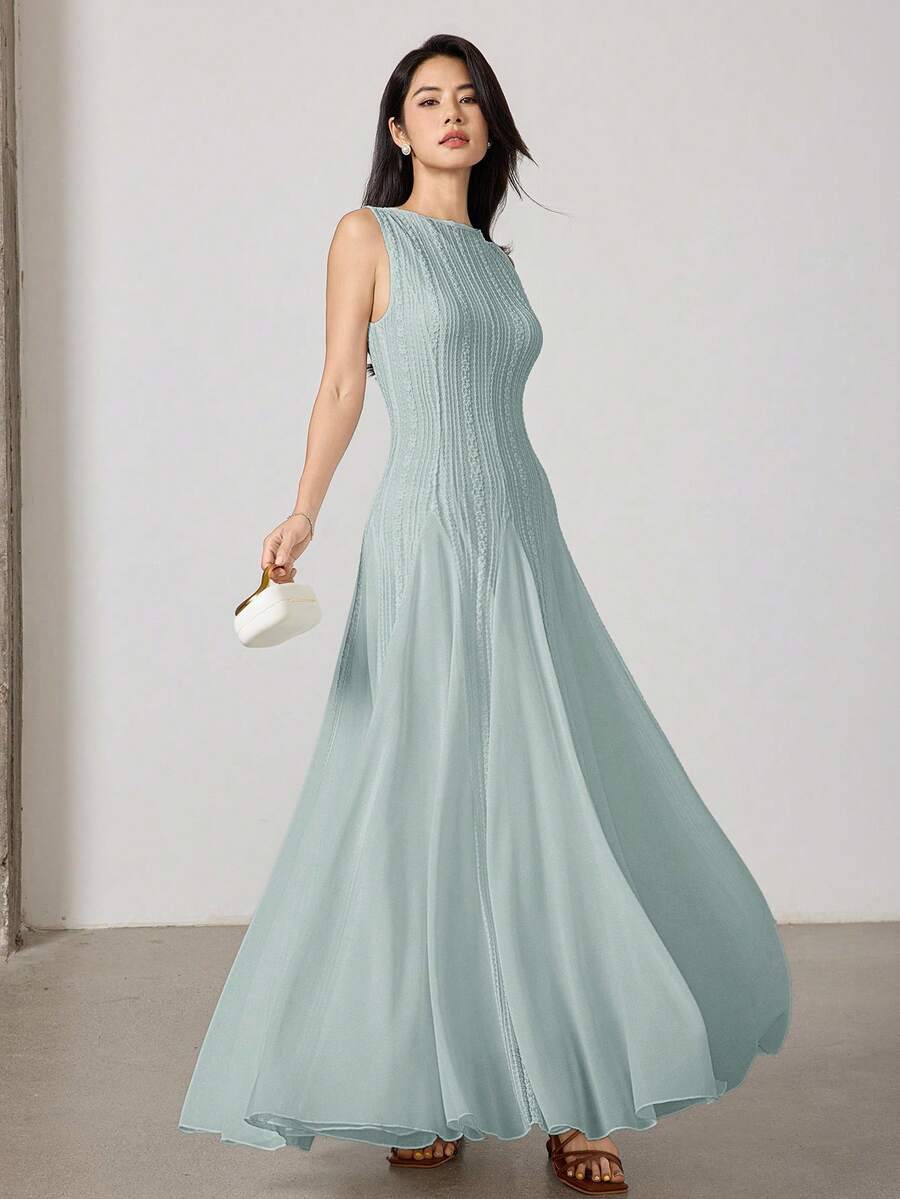 SHEIN Heiryn فستان أخضر أنيق بياقة طاقم بدون أكمام من نسيج جاكار