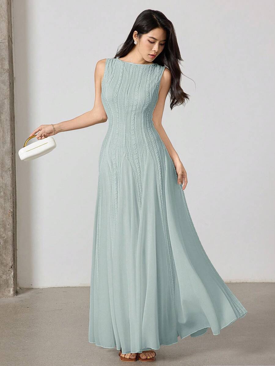SHEIN Heiryn فستان أخضر أنيق بياقة طاقم بدون أكمام من نسيج جاكار