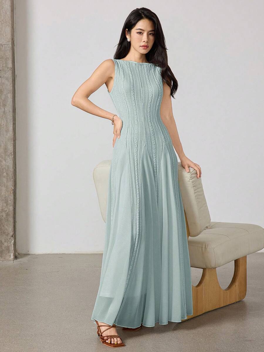 SHEIN Heiryn فستان أخضر أنيق بياقة طاقم بدون أكمام من نسيج جاكار