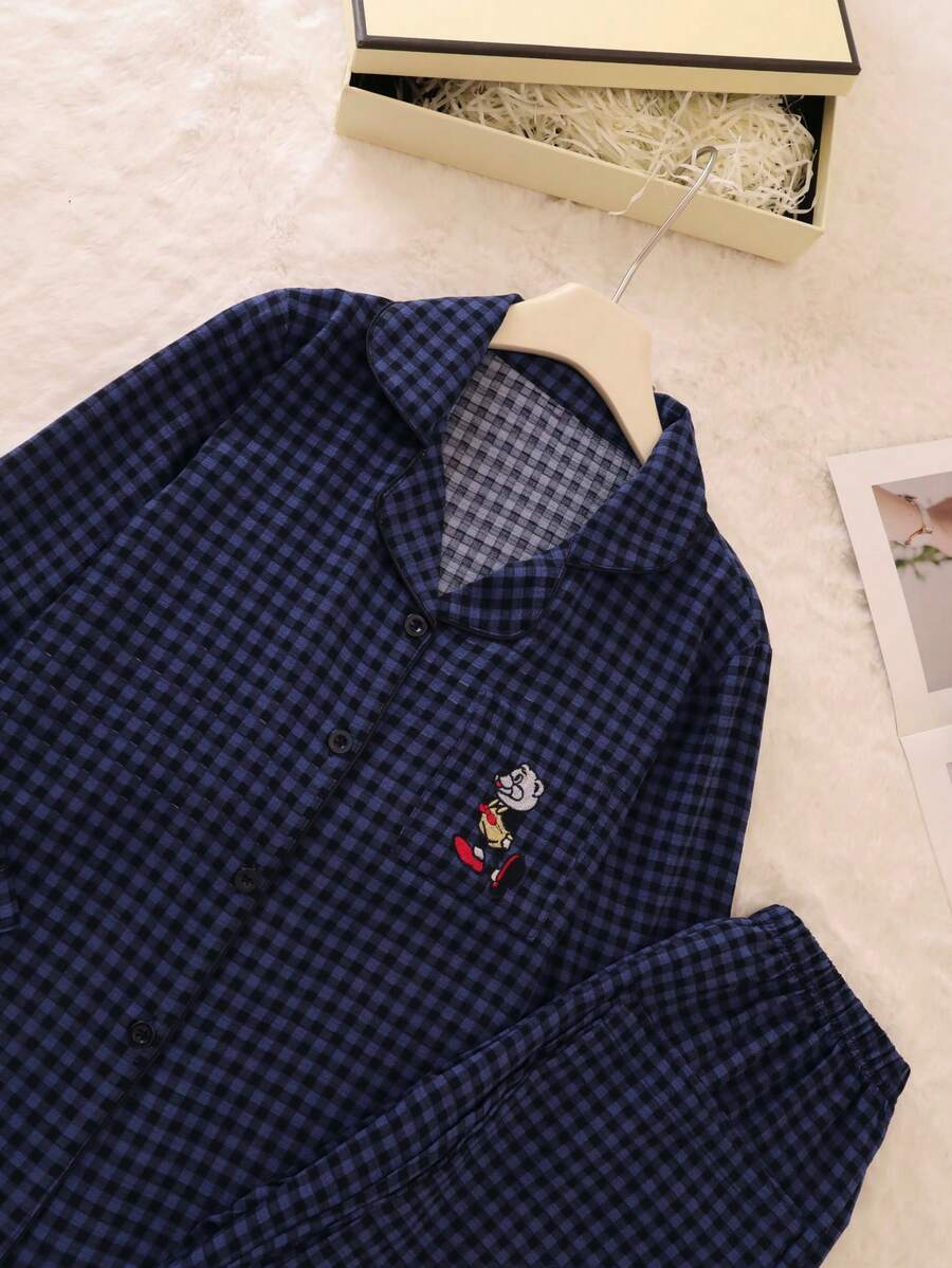 SHEIN طقم بيجامة مربعات مقاس كبير بأزرار وبنطلون طويل