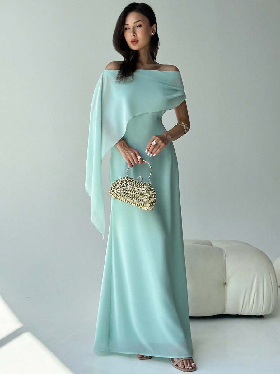SHEIN Aloruh فستان اخضر ماكسي بذيل سمكة وكشكشة