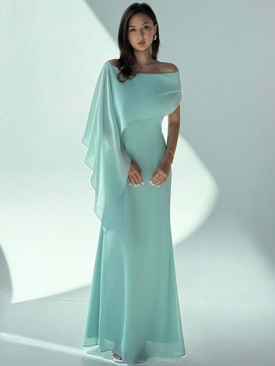 SHEIN Aloruh فستان اخضر ماكسي بذيل سمكة وكشكشة