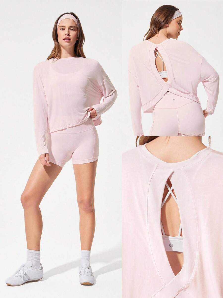 SHEIN GLOWMODE تيشيرت كاجوال طويل الأكمام بفتحة خلفية للياقة البدنية