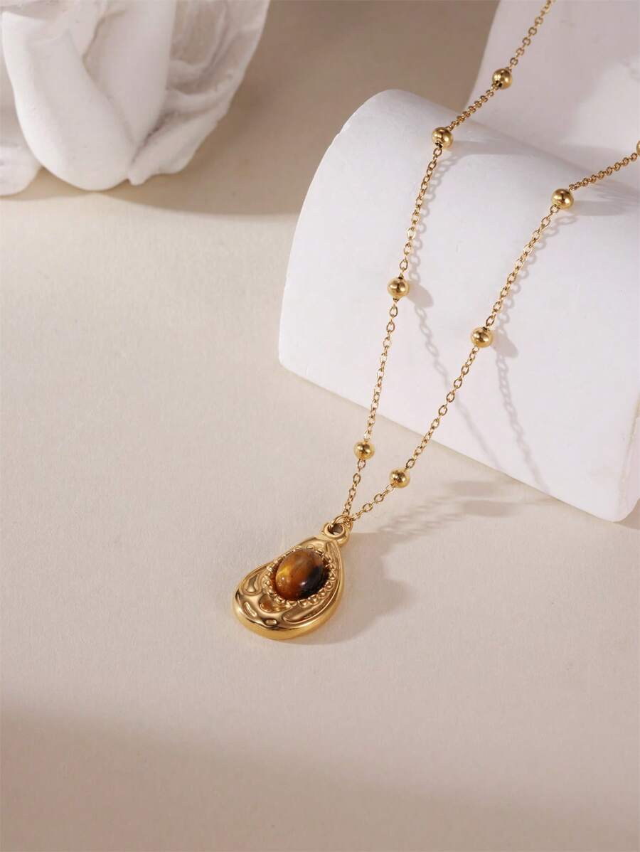 SHEIN GEREIT قلادة ستانلس ستيل عيار 18 بحجر عين النمر غير متماثلة