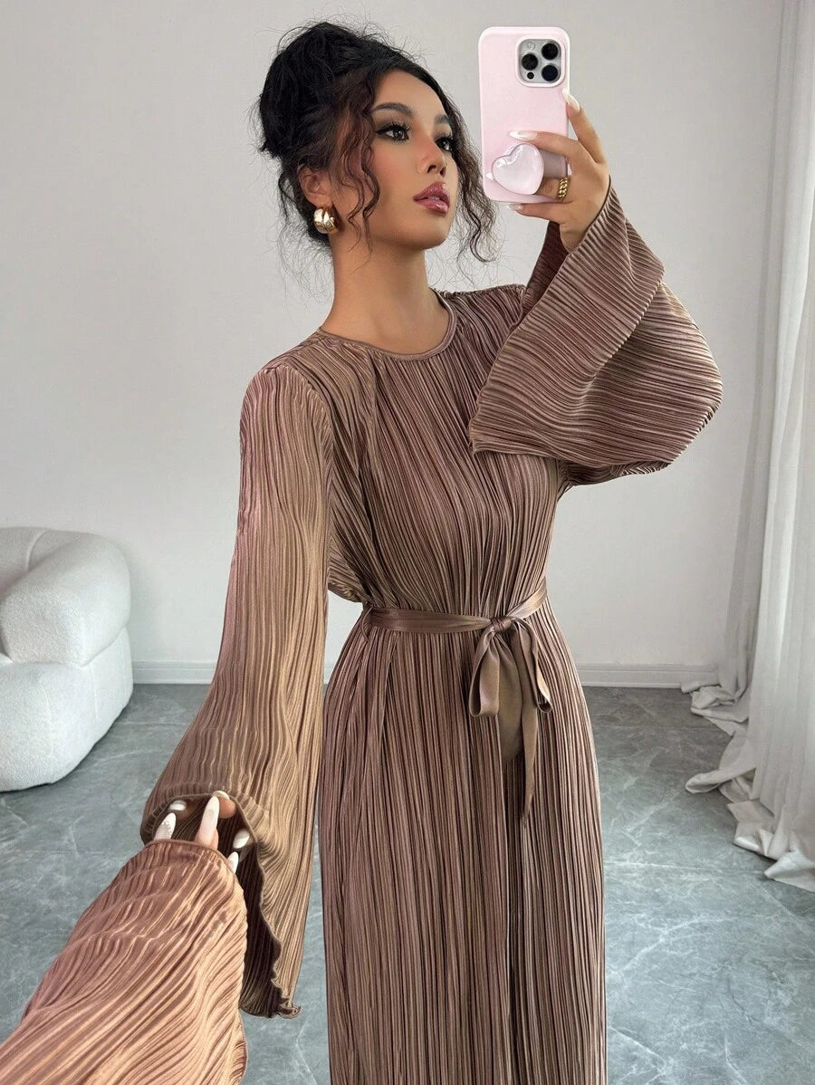 SHEIN Elenzga فستان بني متوسط الطول بأكمام واسعة وربطة خصر