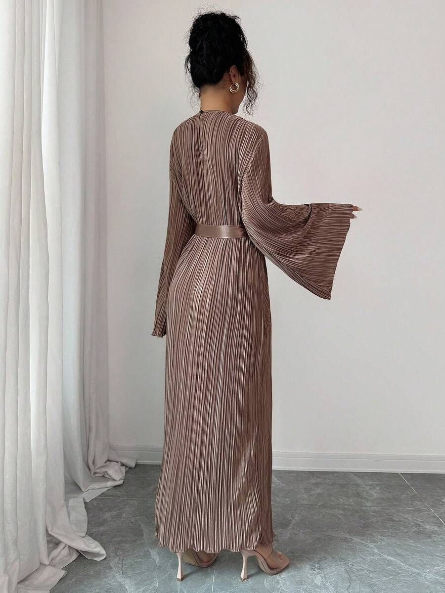 SHEIN Elenzga فستان بني متوسط الطول بأكمام واسعة وربطة خصر