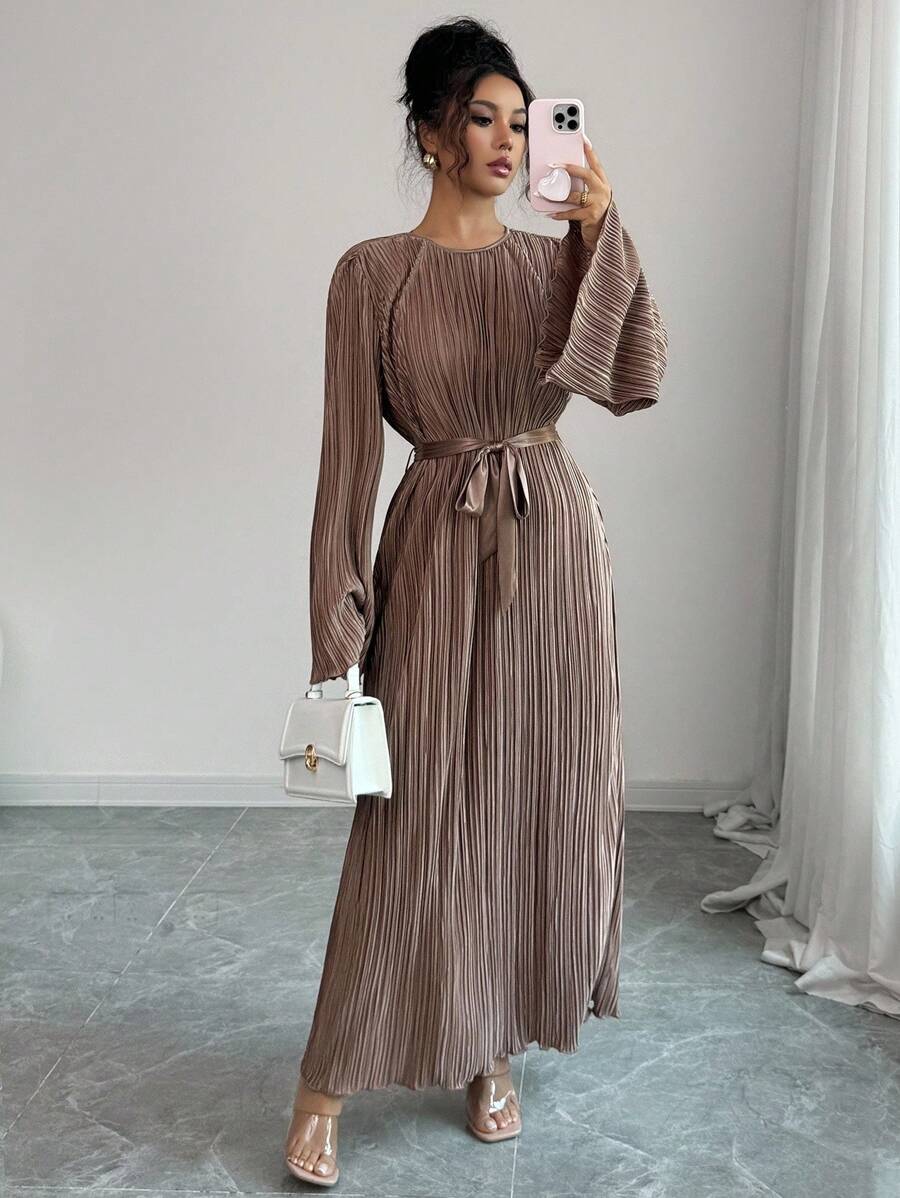 SHEIN Elenzga فستان بني متوسط الطول بأكمام واسعة وربطة خصر