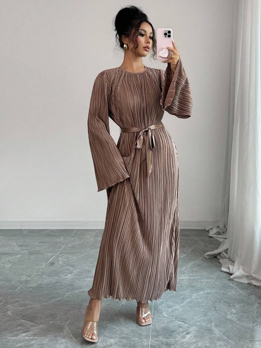 SHEIN Elenzga فستان بني متوسط الطول بأكمام واسعة وربطة خصر