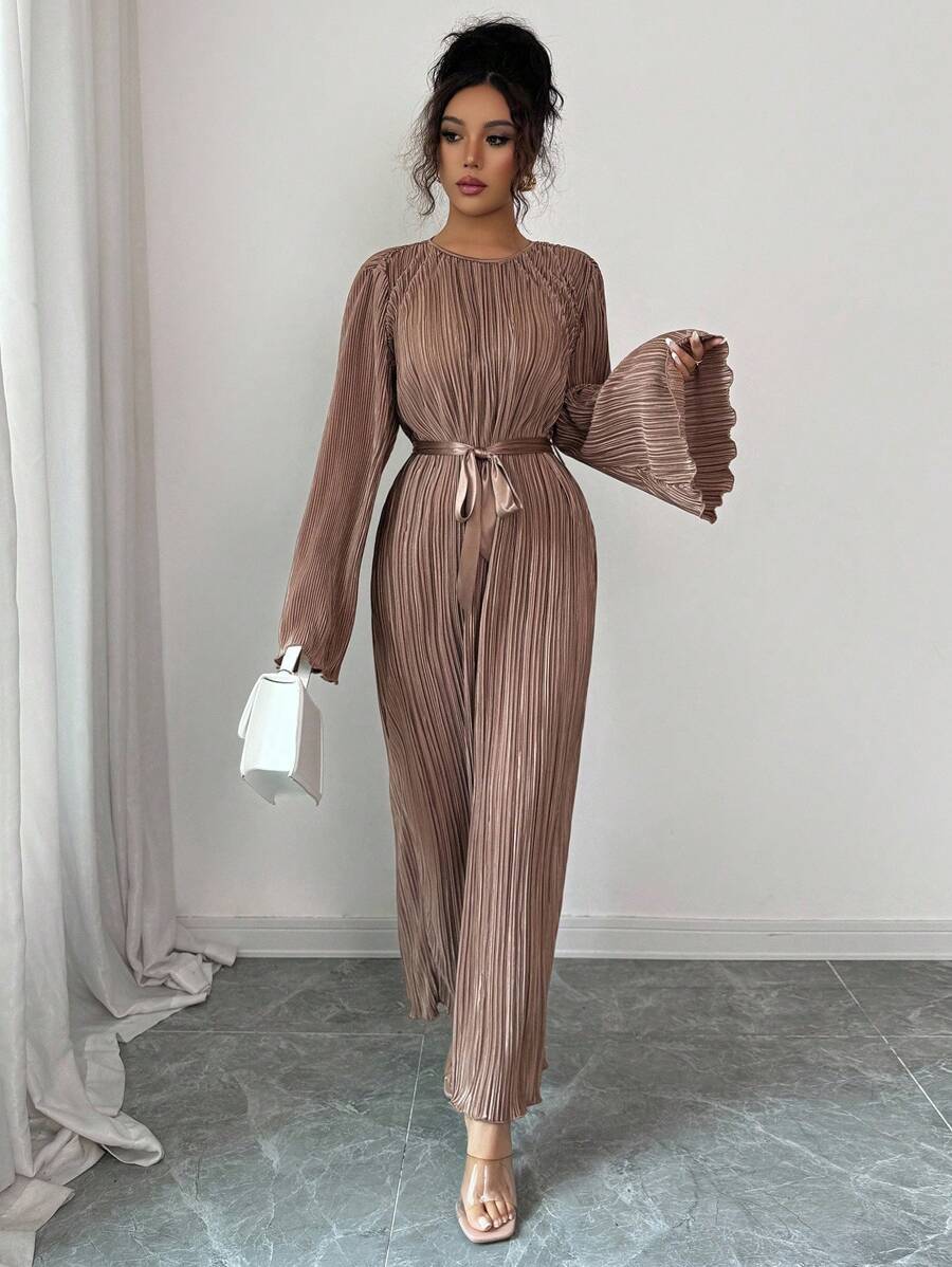 SHEIN Elenzga فستان بني متوسط الطول بأكمام واسعة وربطة خصر