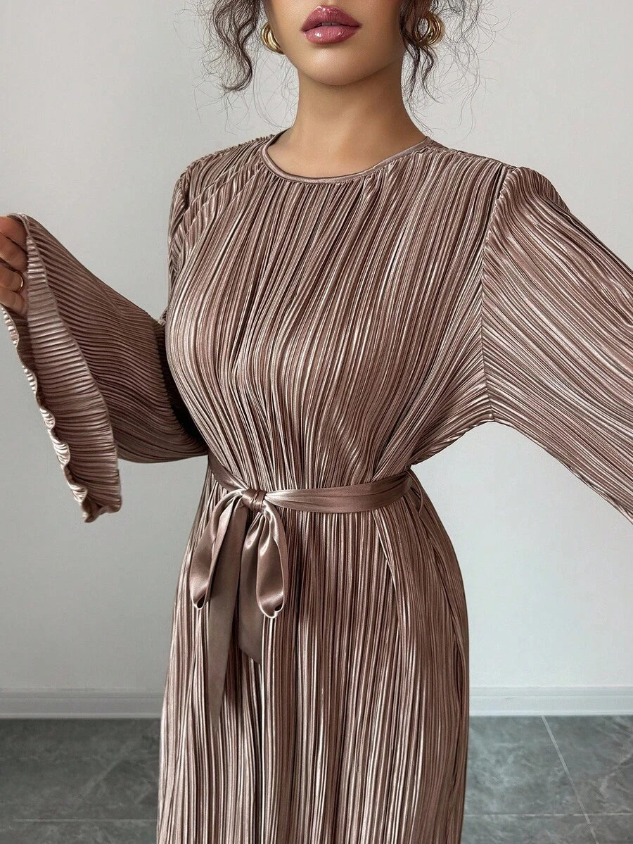 SHEIN Elenzga فستان بني متوسط الطول بأكمام واسعة وربطة خصر