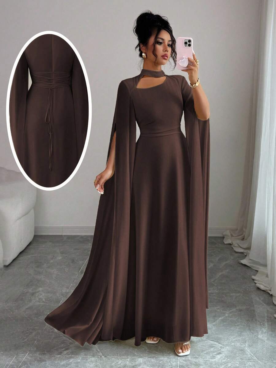SHEIN Elenzga فستان شيفون بلون بني داكن طويل بياقة مفرغة