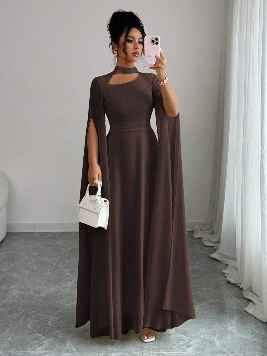 SHEIN Elenzga فستان شيفون بلون بني داكن طويل بياقة مفرغة