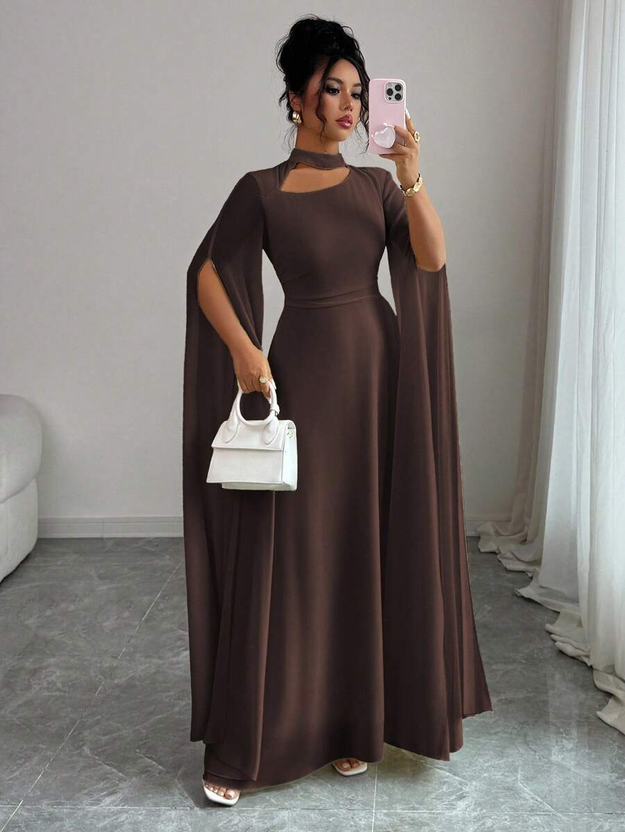 SHEIN Elenzga فستان شيفون بلون بني داكن طويل بياقة مفرغة