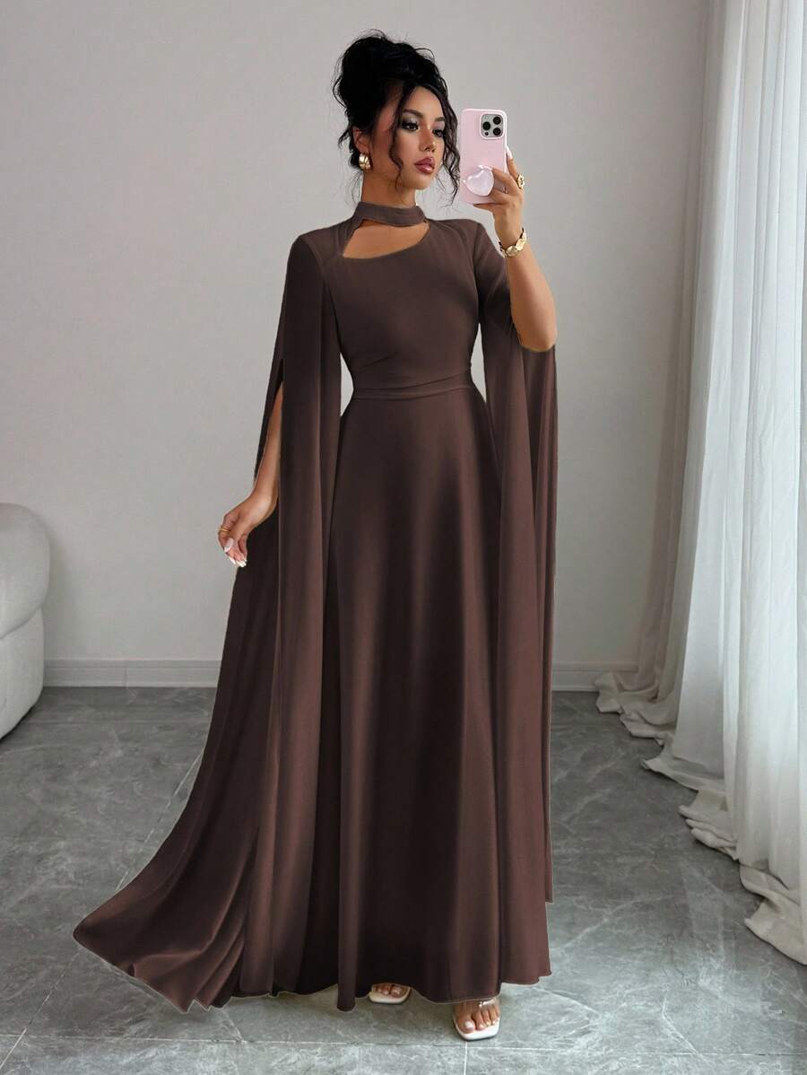SHEIN Elenzga فستان شيفون بلون بني داكن طويل بياقة مفرغة