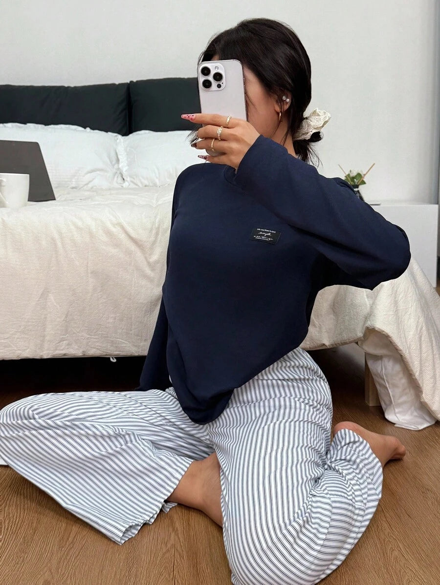 SHEIN طقم بيجامة قطعتين كاجوال بأكمام طويلة وبنطال مخطط