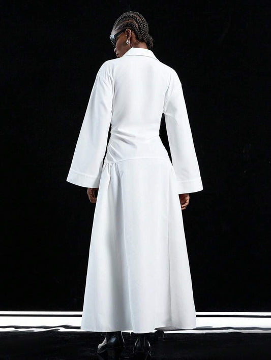 SHEIN LYSMO فستان قميص كاجوال بأكمام طويلة بخصر مجمع بلون أبيض