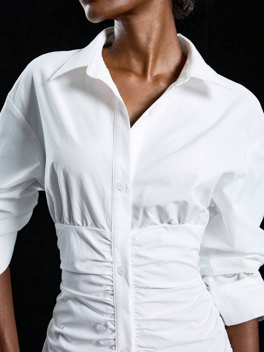 SHEIN LYSMO فستان قميص كاجوال بأكمام طويلة بخصر مجمع بلون أبيض