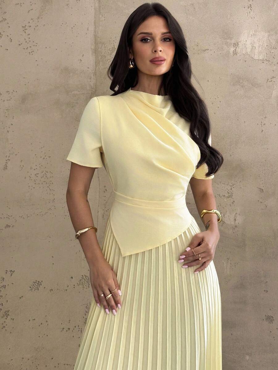 SHEIN فستان أصفر أنيق بحافة غير متماثلة مطوية ومنسدلة