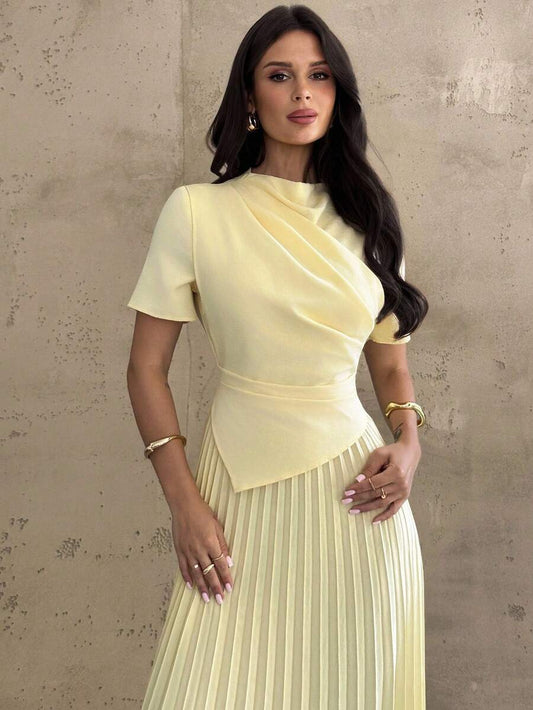 SHEIN فستان أصفر أنيق بحافة غير متماثلة مطوية ومنسدلة
