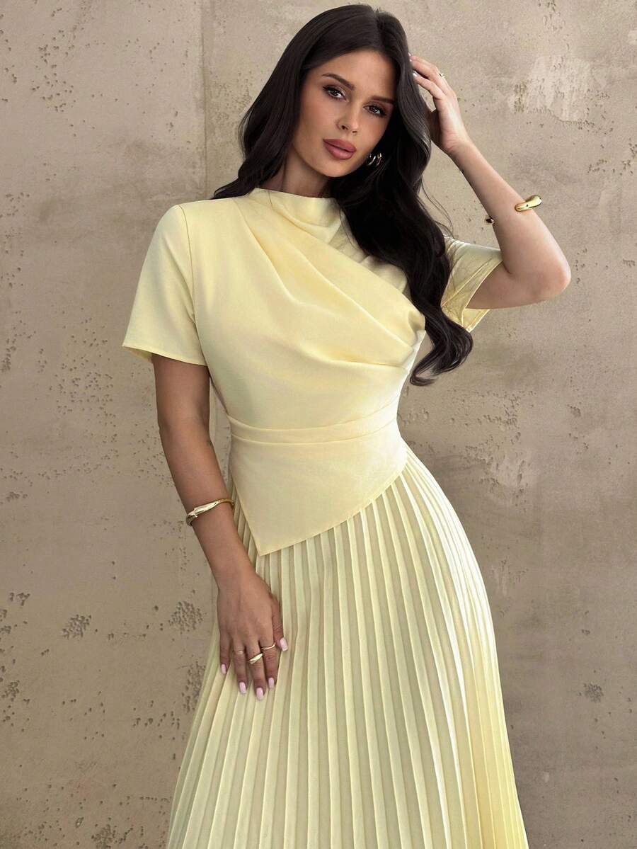 SHEIN فستان أصفر أنيق بحافة غير متماثلة مطوية ومنسدلة