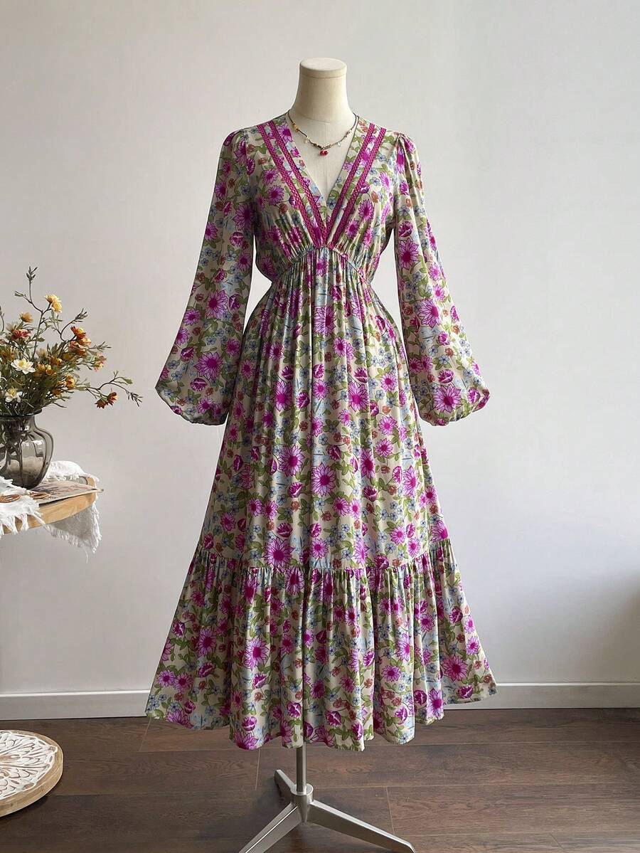 SHEIN Rusttydustty فستان ماكسي وردي بأكمام منتفخة بطبعات زهرية