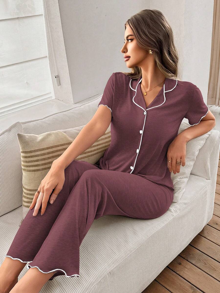 SHEIN جمبسوت أحمر قصير محبوك خفيف بأكمام قصيرة وكشكش