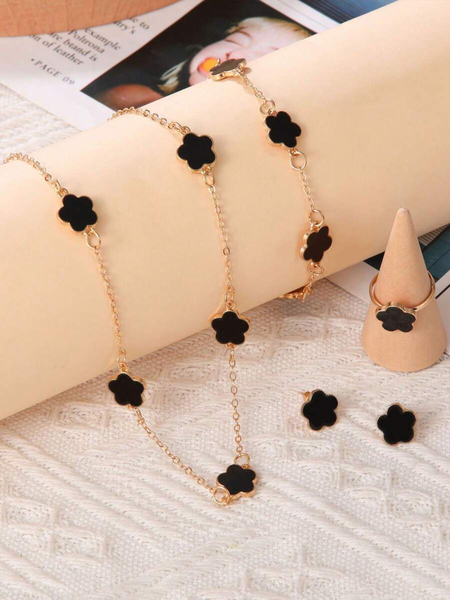 SHEIN طقم مجوهرات نسائي 5 قطع (قلادة، سوار، أقراط، خاتم)