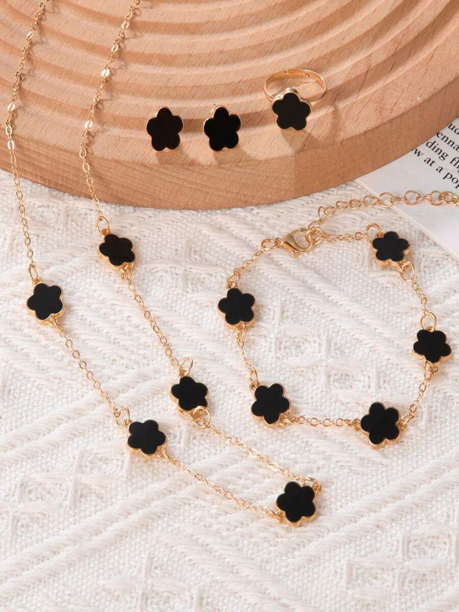 SHEIN طقم مجوهرات نسائي 5 قطع (قلادة، سوار، أقراط، خاتم)
