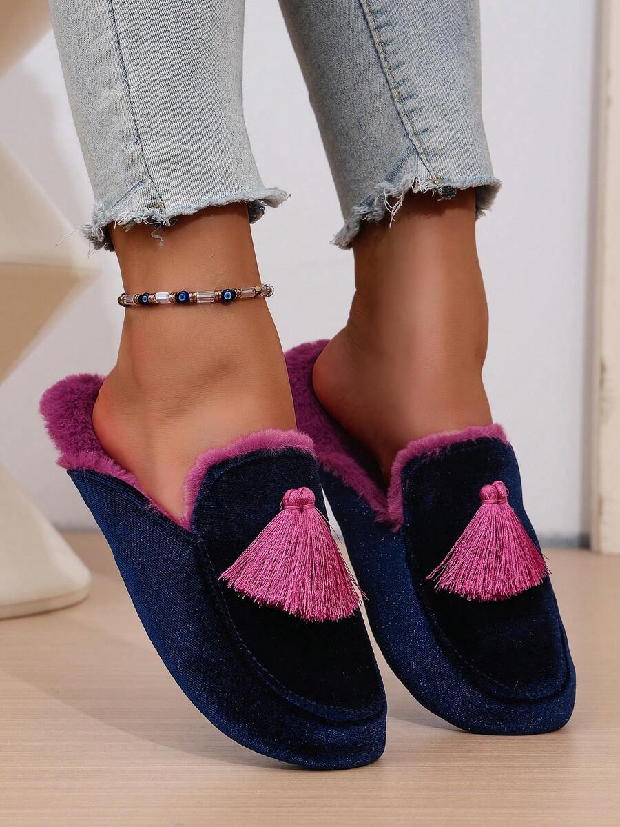 SHEIN نعال نسائية مبطنة بالفرو بتطريز يدوي وشراريب