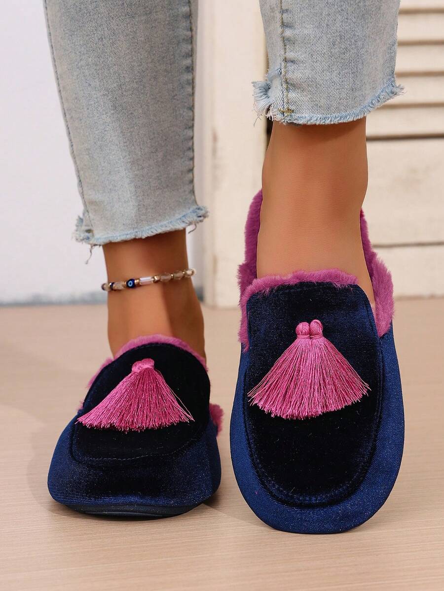 SHEIN نعال نسائية مبطنة بالفرو بتطريز يدوي وشراريب