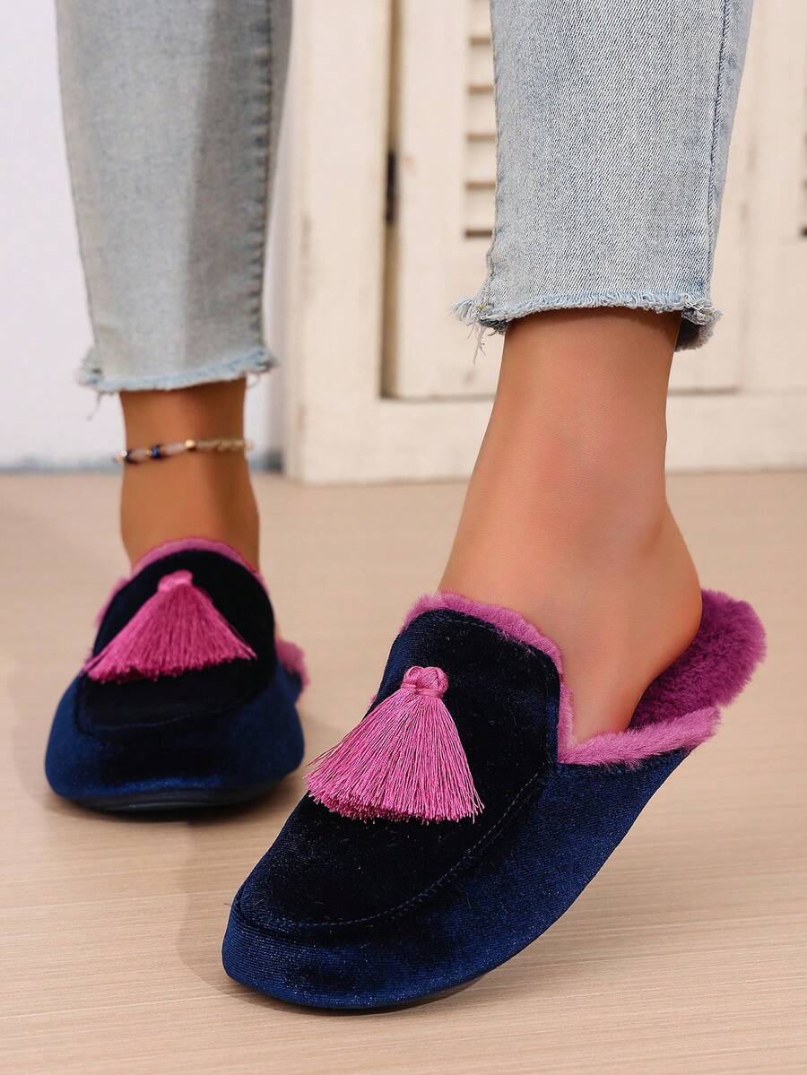 SHEIN نعال نسائية مبطنة بالفرو بتطريز يدوي وشراريب