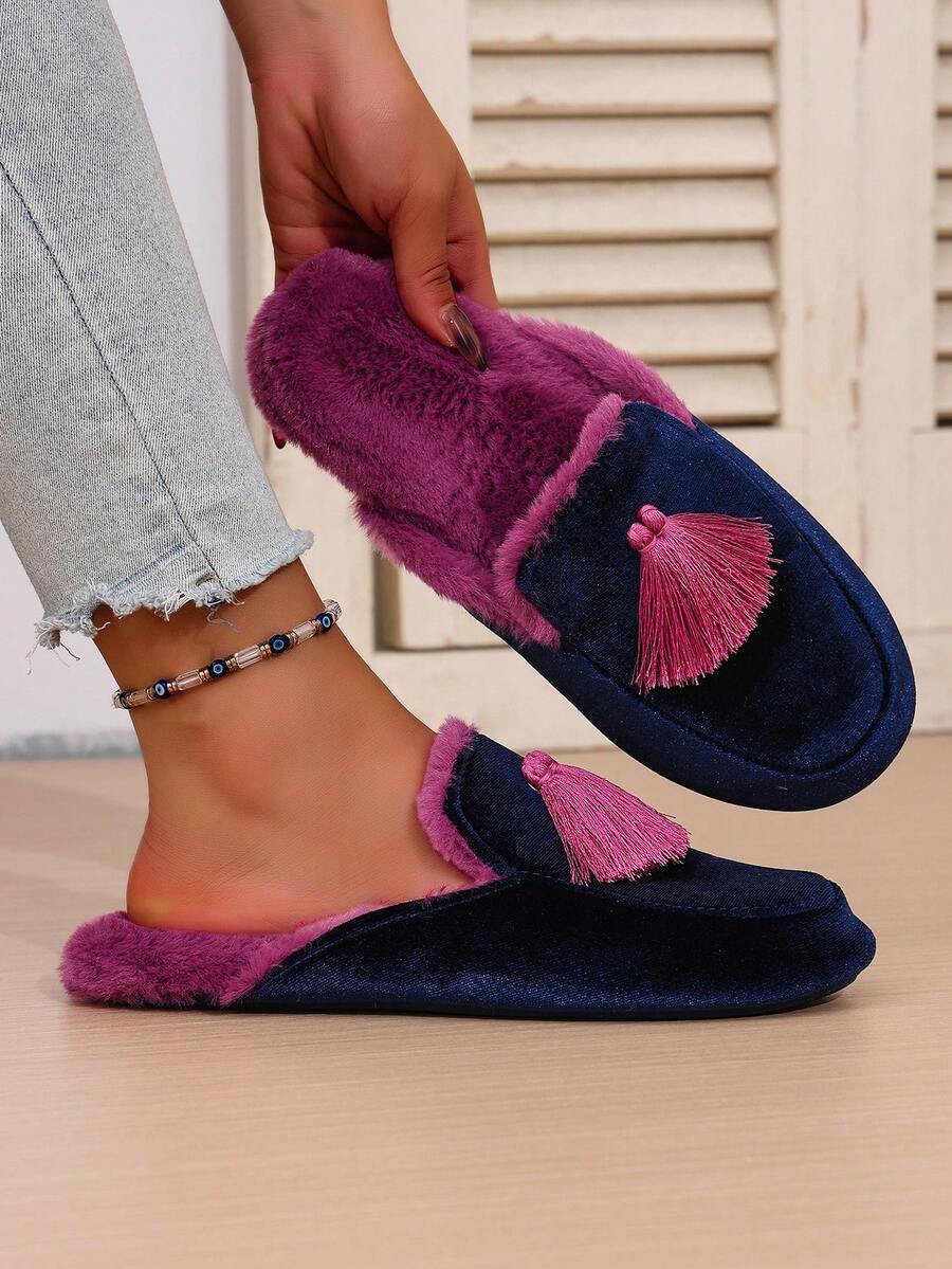 SHEIN نعال نسائية مبطنة بالفرو بتطريز يدوي وشراريب