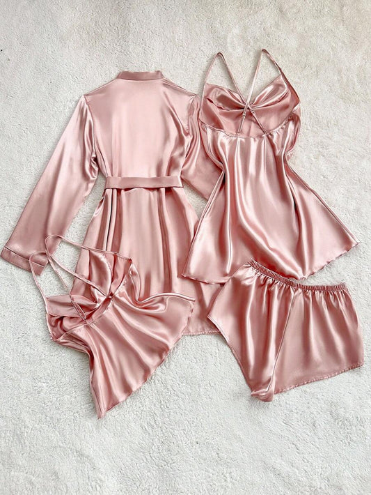 SilkySpell طقم بيجامة ساتان وردي توب كامي برقبة منخفضة وشورت وروب
