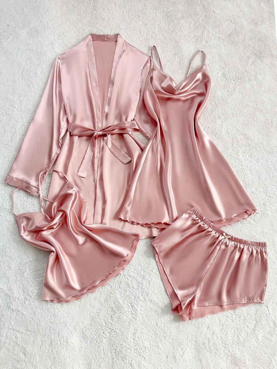 SilkySpell طقم بيجامة ساتان وردي توب كامي برقبة منخفضة وشورت وروب